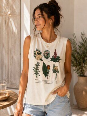 botanical floral graphic muscle tank ivory xl 100% cotton